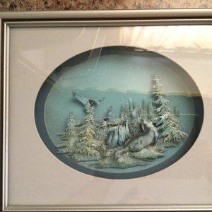 Paper art in shadow box snow covered tree, bird, fox? oval